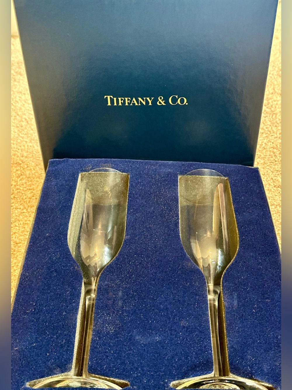 Tiffany & Co Crystal Champagne Flutes Set 2 Sweden Stemware Mint Condition & Box